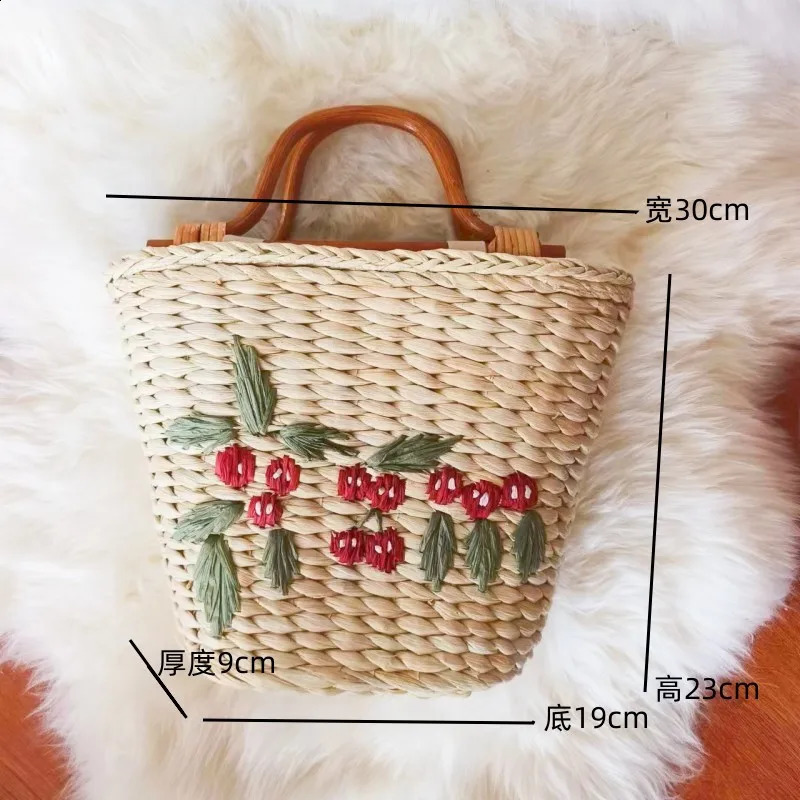 Women Tote Bucket Straw Bag Vintage Embroidered Cornhusk Woven Beach Womens Handbags 240723
