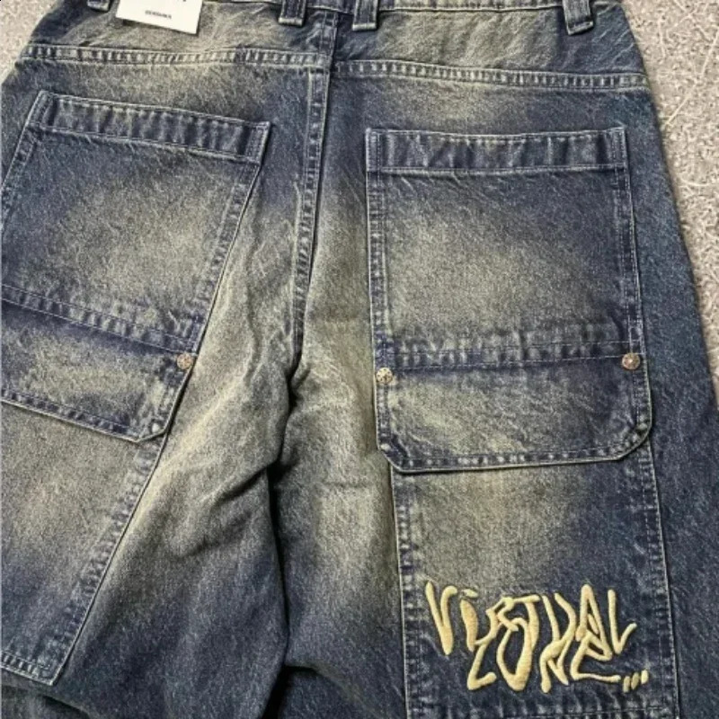 Fashion Hip Hop Pocket Letter Embroidered Cowboy Mens Trouser Y2K Classic Loose Street Simple High Waist Straight Jeans 240724