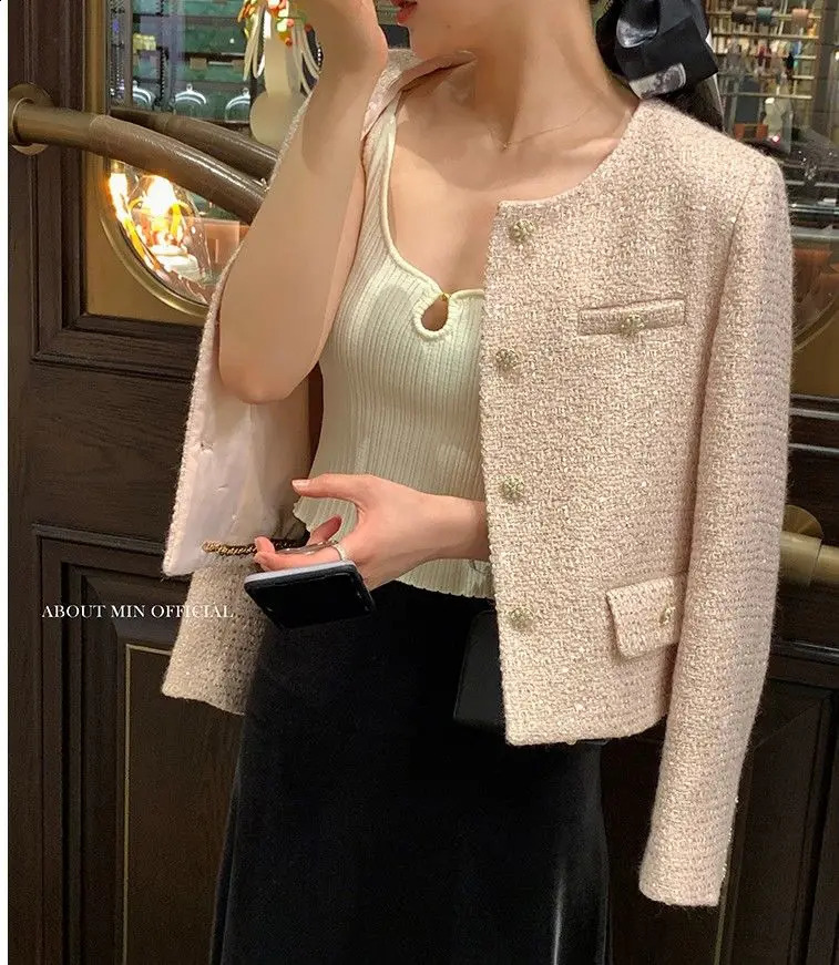 Small Fragrance Tweed Jacket for Women Spring and Autumn Chic Elegant Cropped O-neck Outerwear Pink Casual Loose Blazer Coat 240723