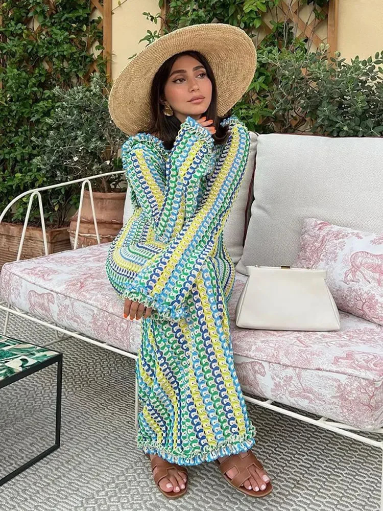 Spring Summer Elegant Long Dresses for Women Casual Loose Sexy Contrast Color Knitting Maxi Dress Backless Traf Official Store 240724