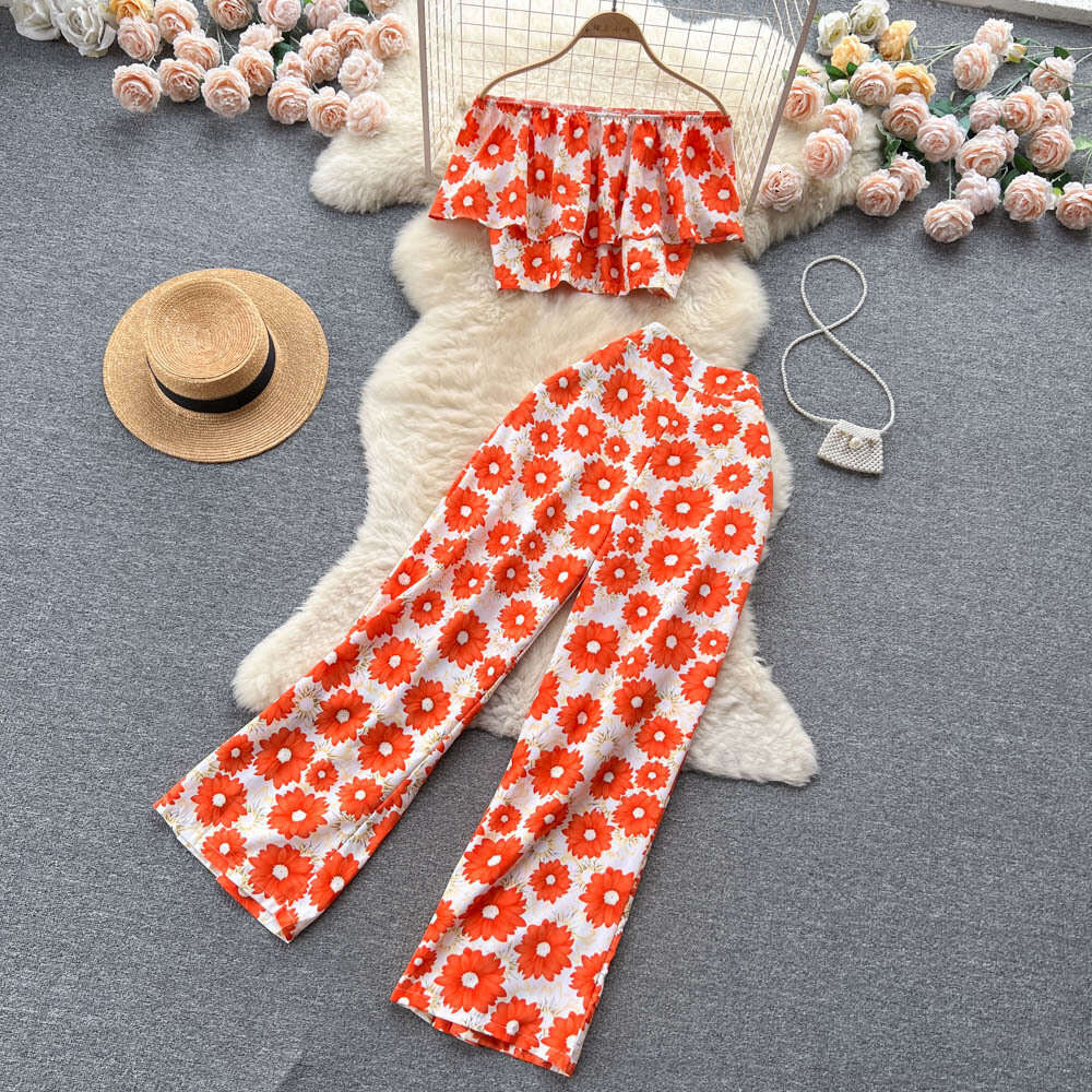 and Slim Set Womens Summer Sweetheart One Line Neck Top Versatile High Waist Wide Leg Pants Printed Two Pieces Waist Loose Bifurcated Oversize Dress