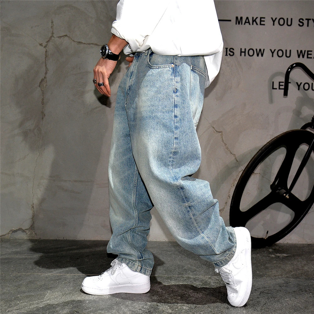 High quality vintage light blue baggy jeans men clothing korean fashion Denim cargo pants streetwear Skateboard trousers male 240724