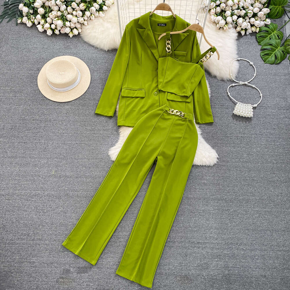 Fashion Womens High Waisted Small Leg Professional Cropped Pants, Three Piece Set with Suspender Vest, Loose Suit Jacket, Spring Bifurcated Silk Dress