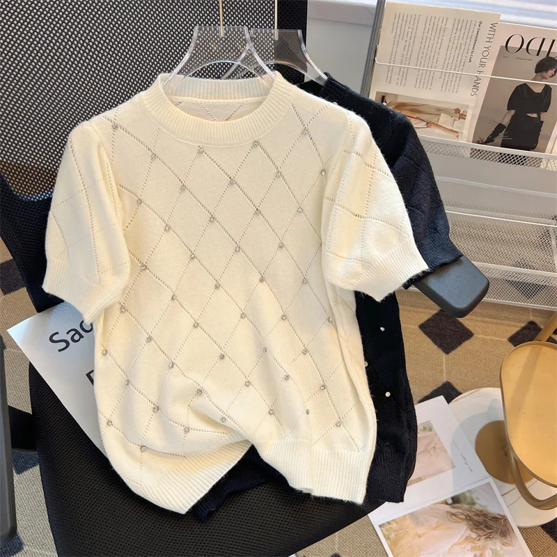 Summer Sweater Womens Knitted Pullover Loose O-Neck Short Sleeve Diamond Sweater Western Style Versatile Backing Pullover Tops 240723