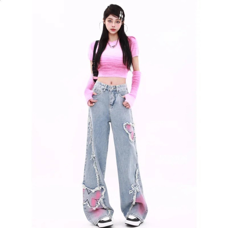 Blue Womens Jeans Butterfly High Waist Straight Baggy Denim Pants American Korean Fashion Y2K Female Wide Leg Denim Trouser 240806