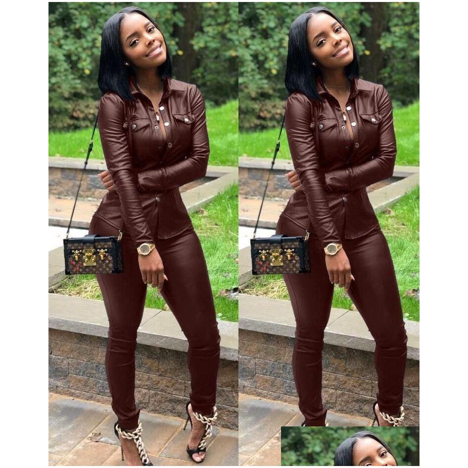Womens Two Piece Pants Spring Autumn Crop Leather Jacket And Tracksuit Joggers Set Jogging Suits For Women Drop Delivery Apparel Cloth Dhnrw