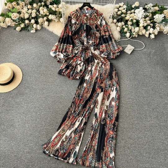 Elegant and Sophisticated Style, Waist Cinched Printed Chiffon Top Shirt, Loose Casual Pleated Harlan Pants Set Short Temperament BOHO DRESS