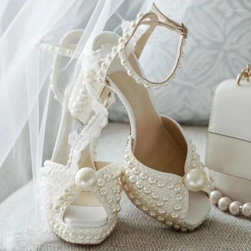 Sandals Handmade Beaded Thick Heel Peep Toe Girls High Platform Women Shoes Wedding Dress Designer Pearl