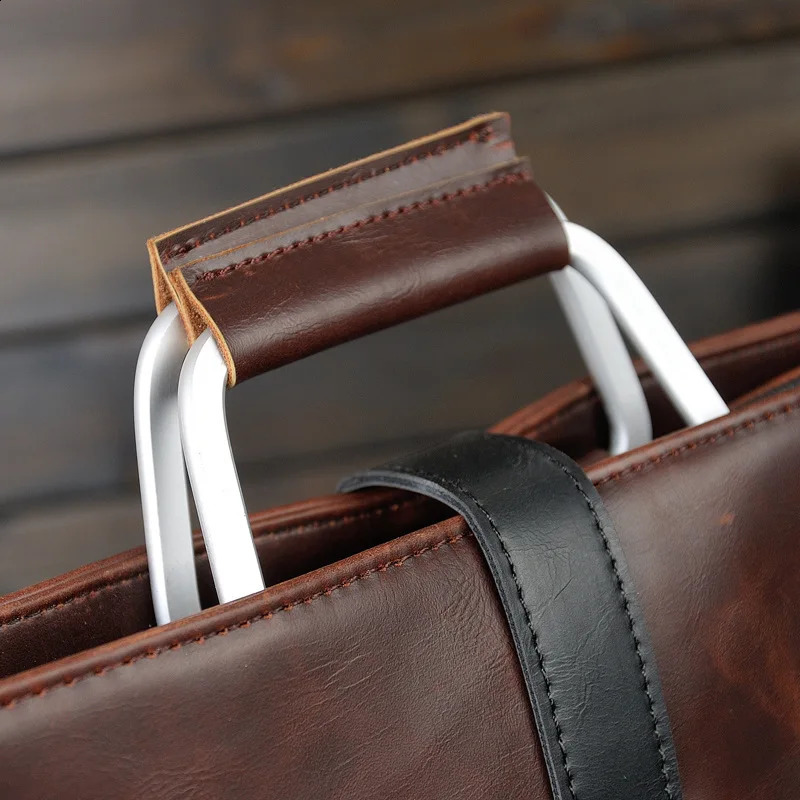 Mens casual shoulder bag laptop horizontal bag retro crazy horse leather business handbag classic briefcase material handbag 240904