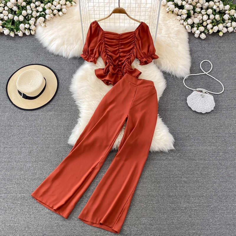 Fashionable Suit Womens Casual Pants with High Waist and Wide Leg, Two Piece Set of Square Neck Short Slim Fit Shirt Loose Novelty Round Neck Dress