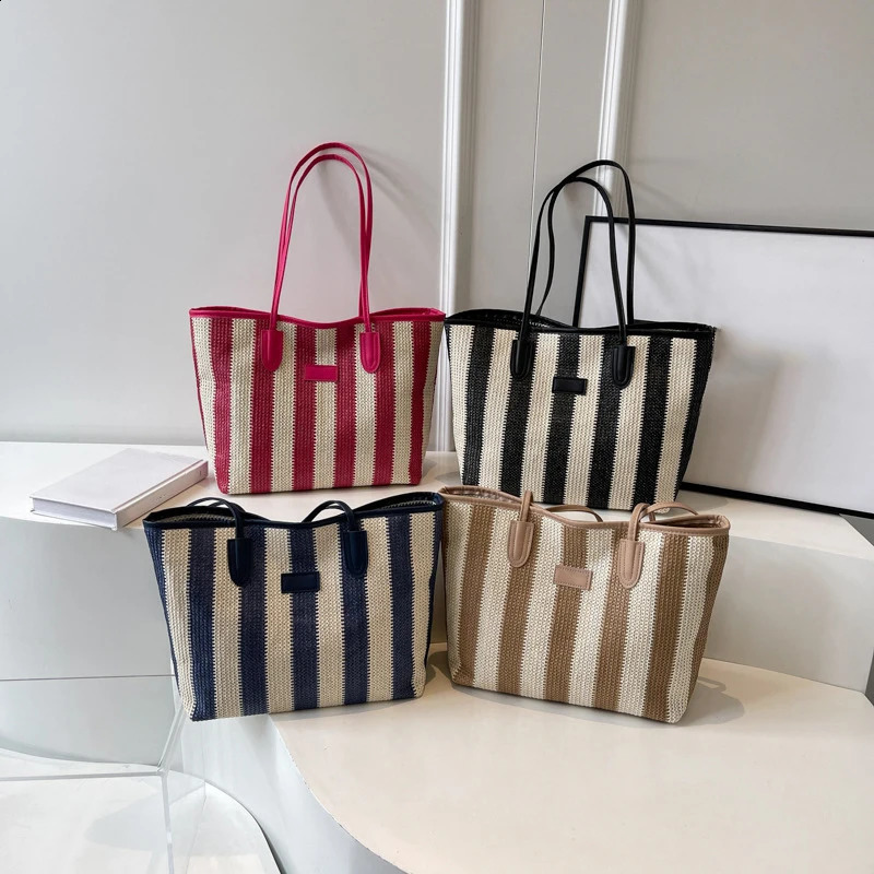 Weave Tote Bag Summer Beach Straw Handbags and Purses Female Bohemian Shoulder Bags for Women Travel Shopping Bags 240724