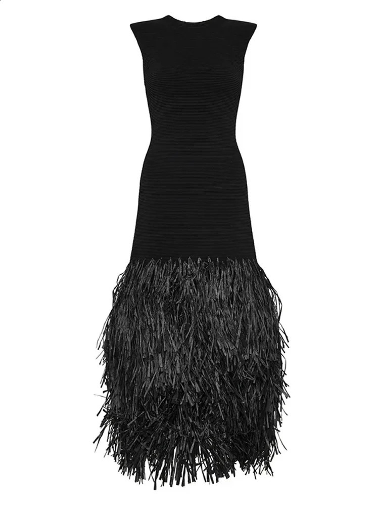 Fashion Knitted Tassels Hem Women Long Dress Elegant O Neck Pad Backless Zipper Sleeveless Slim Maxi Dresses Lady Party Vestidos 240724