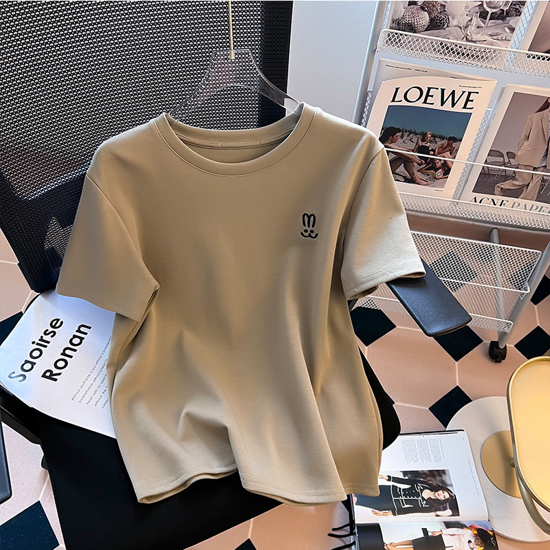 Solid color round neck white shoulder T-shirt for in summer, loose and slimming base shirt top, short sleeved women