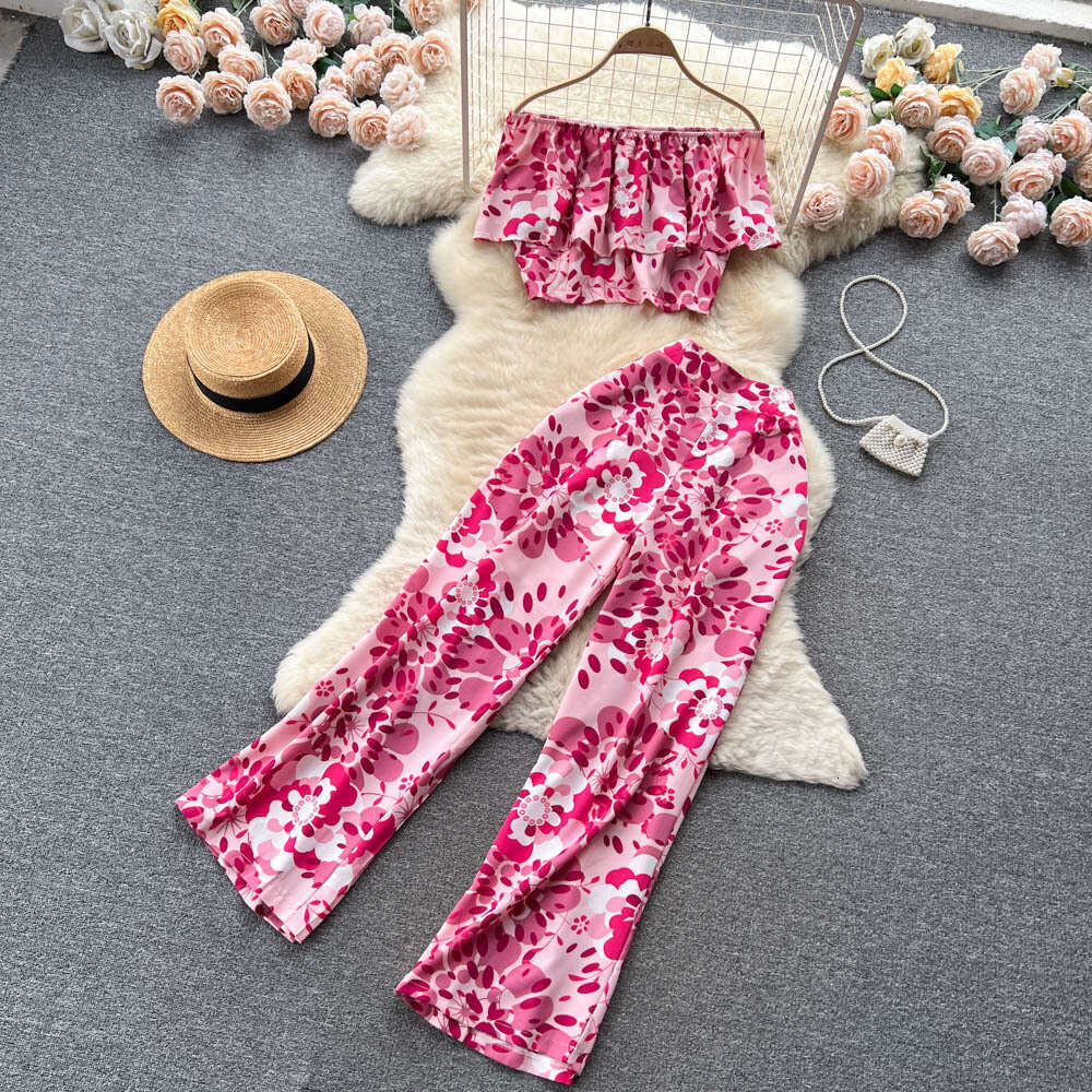 and Slim Set Womens Summer Sweetheart One Line Neck Top Versatile High Waist Wide Leg Pants Printed Two Pieces Waist Loose Bifurcated Oversize Dress