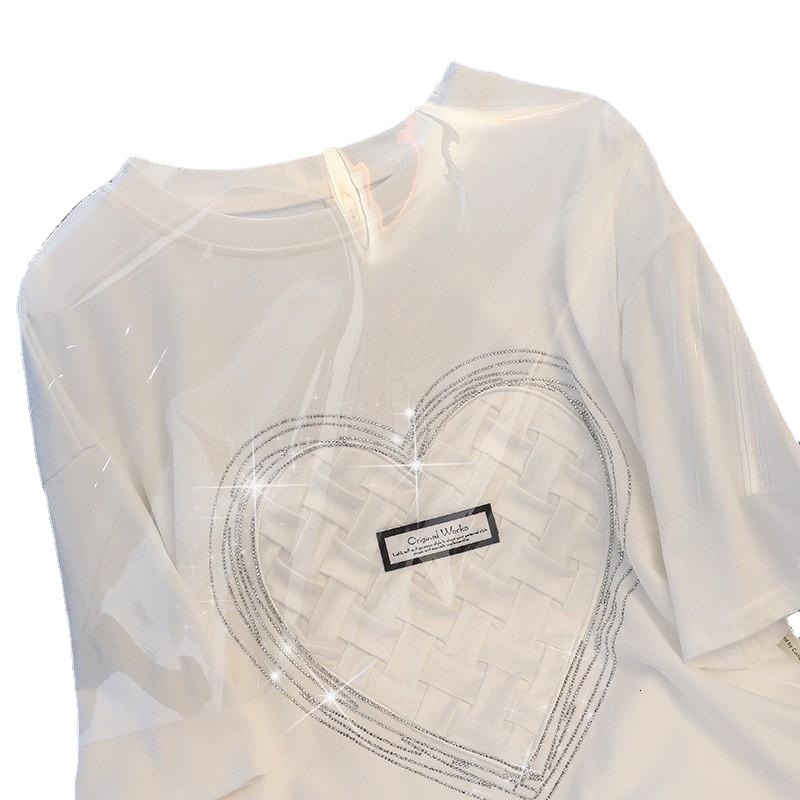 2024 New Summer Loose Size 200kg Heavy Industry Love Hot Diamond Cotton Round Neck Short Sleeve T-shirt Women's Trend