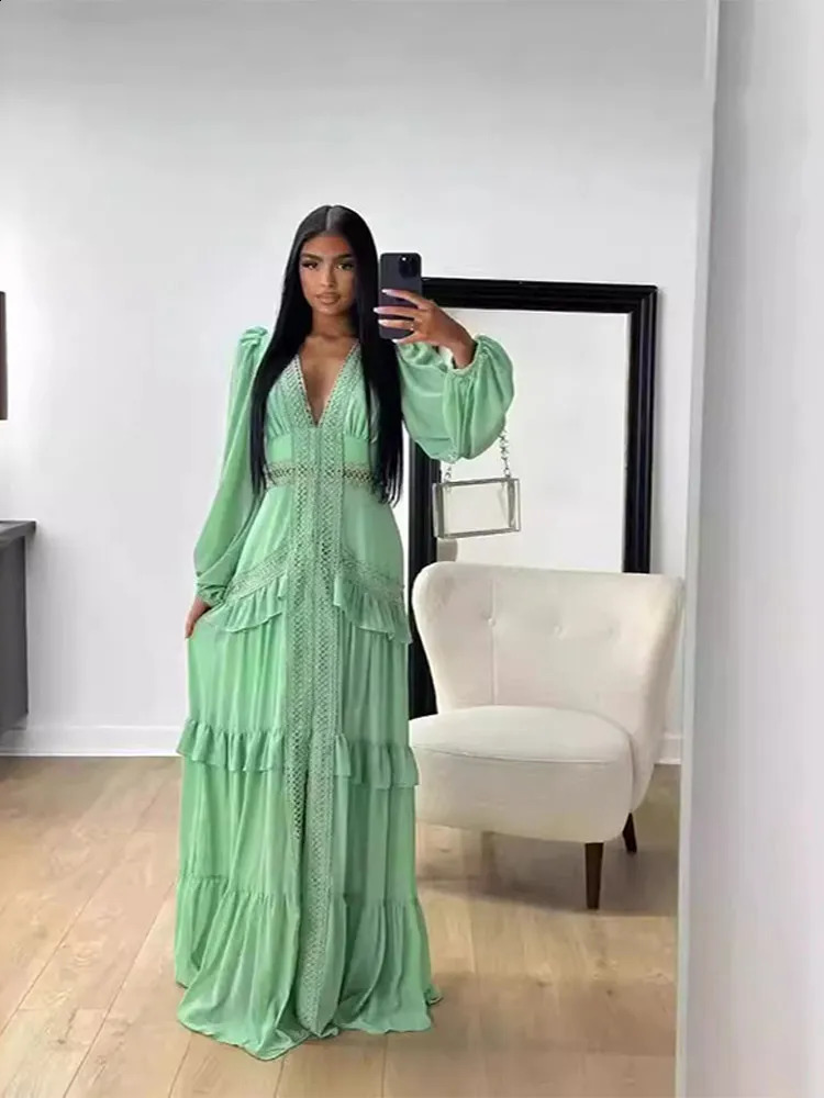 Elegant Hollow Lace Patchwork Ruffle Long Dress For Women Deep V-neck Lantern Sleeves Slim Maxi Dresses Evening Party Robes 240723