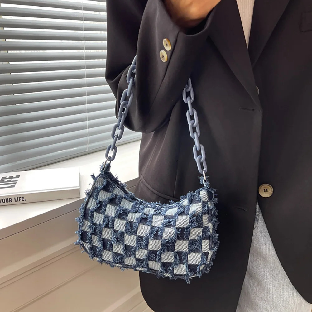 Vintage Denim Women Shoulder Bags Acrylic Chain Female Armpit Handbag Purses Shoulder Handbags for Traveling 240724