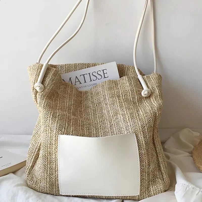 Instagram Vintage Woven Tote Bag Holiday Style Grass Woven Bag Shoulder Bag Large Capacity Shopping Bag Beach Bun Mother Bag 240723