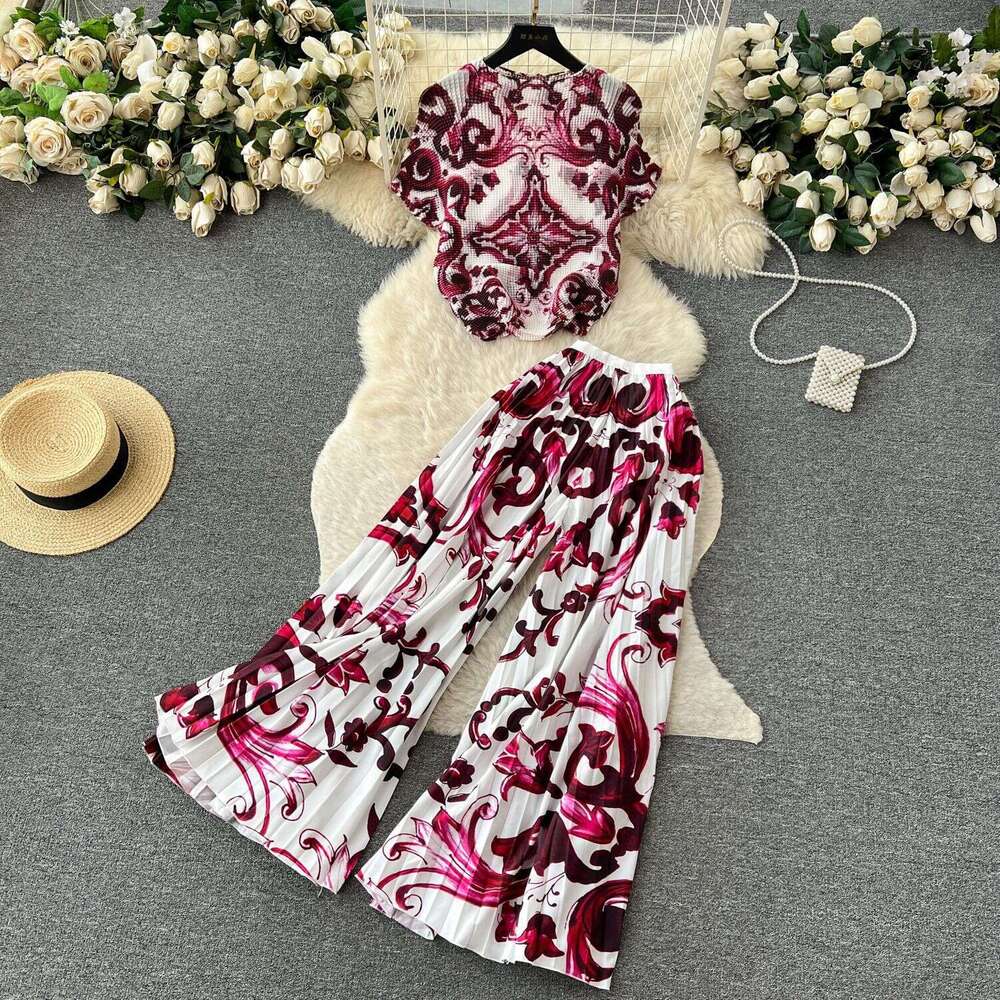 Light Luxury Cut Womens High-end Printed Fashion Set Summer Sleeveless Top+high Waisted Draped Micro Flared Pants Loose Waist SKINNY DRESS Oversize Dr