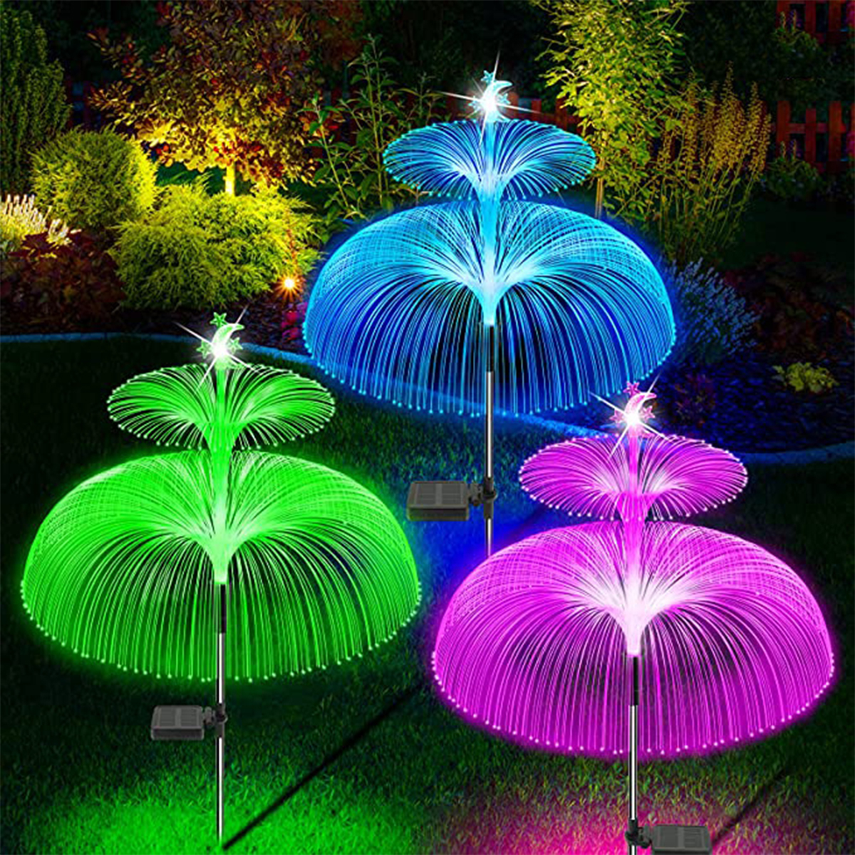 Solar double-layer jellyfish fiber optic holiday courtyard decoration landscape light pentagram rainbow transparent tube ground plug light