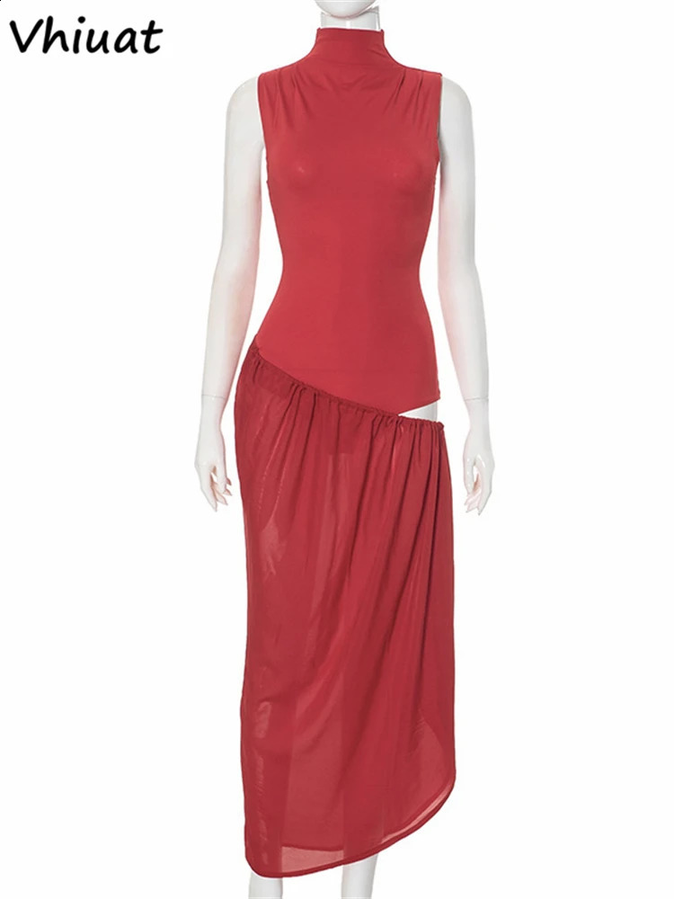 Vhiuat Red Hollow Out Chic Sexy Bodysuit Long Dresses For Women High Waist Sleeveless Elegant Bodycon Maxi Dress Summer 2024 240724
