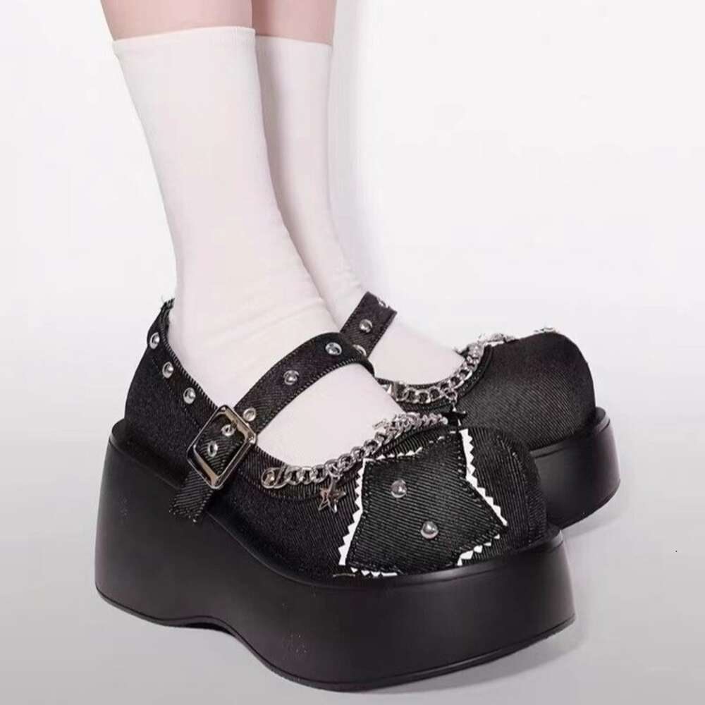 2024 Denim Thick Bottom Single Shoe with One Button Round Head Punk Subculture Sponge Cake Casual Height Boosting Shoes