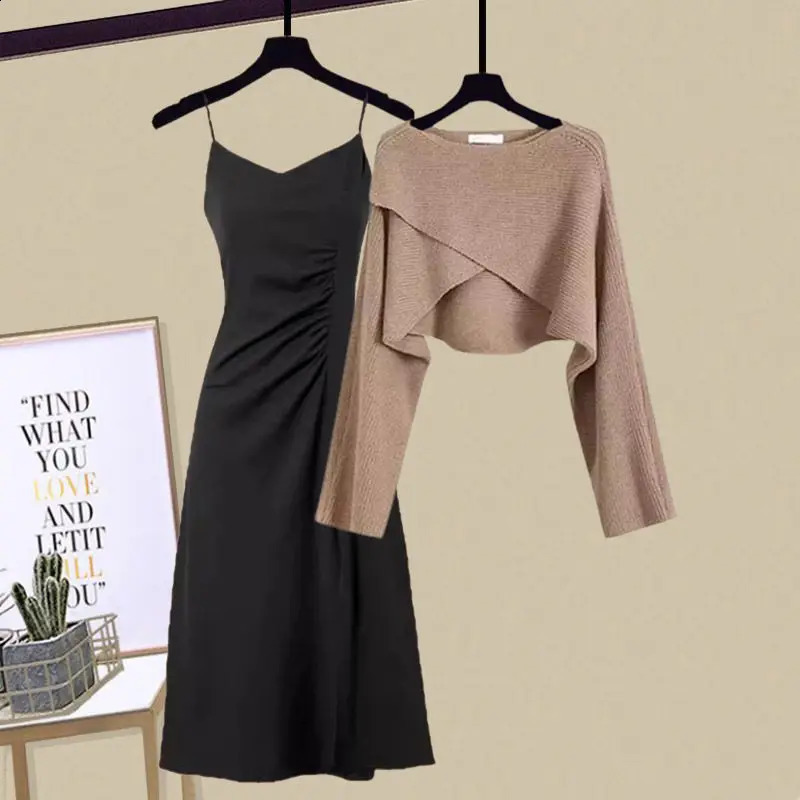 Autumn Irregular Cross Knitted Sweater Pullover Strap Pleated Dress Two Piece Elegant Womens Party Dress 240724