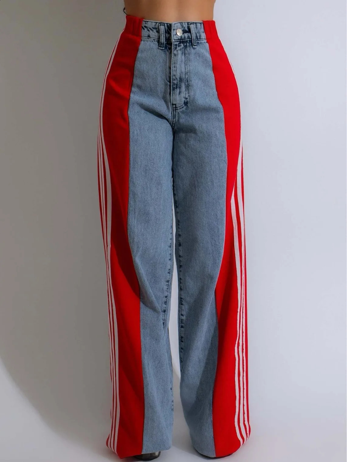 Vintage Streetwear Baggy Jeans Woman High Waist Stripe Splicing Straight Loose Wide Leg Denim Trousers Boyfriend Cargo Pants y2k 240806