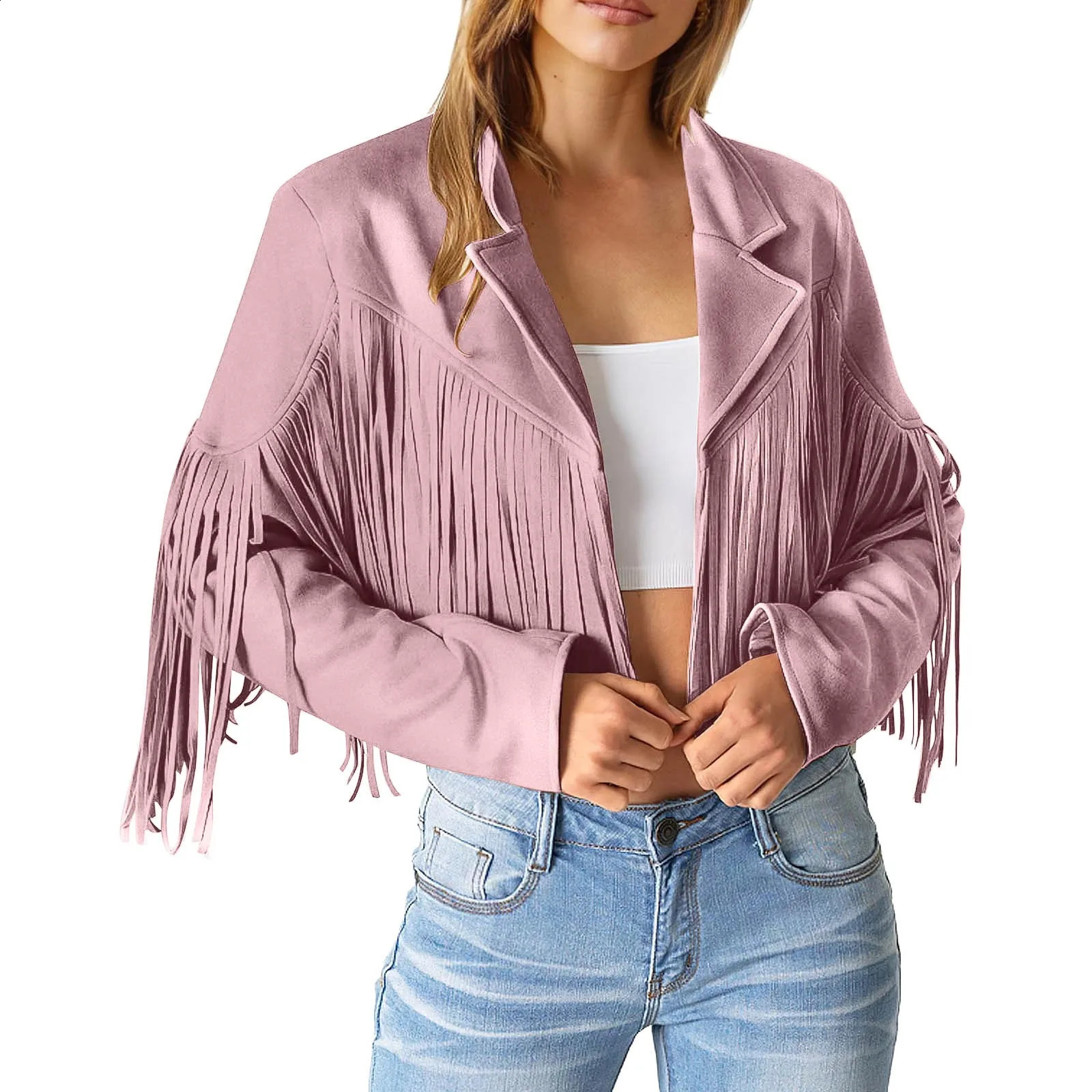 Women Y2k Fringed Hem Tassel Cardigan Crop Tops Cool Girl Motor Biker Jacket Suede Leather Jacket 90s Vintage Streetwear Coats 240723