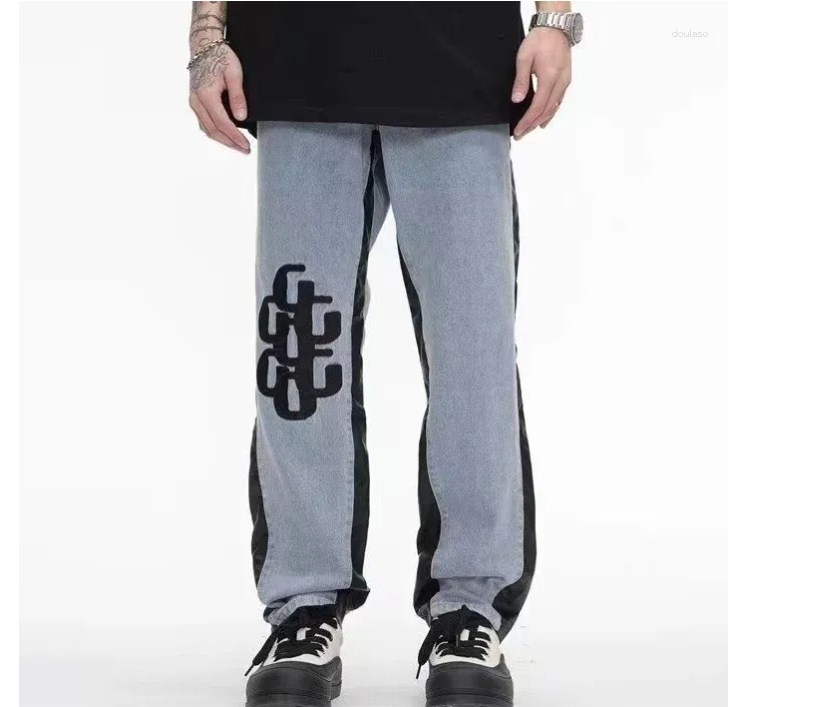 Designer Men's Jeans Gd American Retro Washed Letter Spliced Denim Trousers High Street Trendy Brand Couple Loose Straight Micro-Flared Long B5