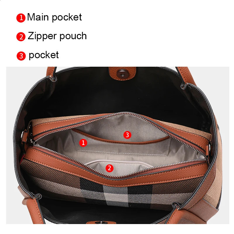 2025 Retro Checkered Womens Handbag Fashionable Advanced Large Capacity Canvas with Cowhide Mother and Child Bag 240723 4