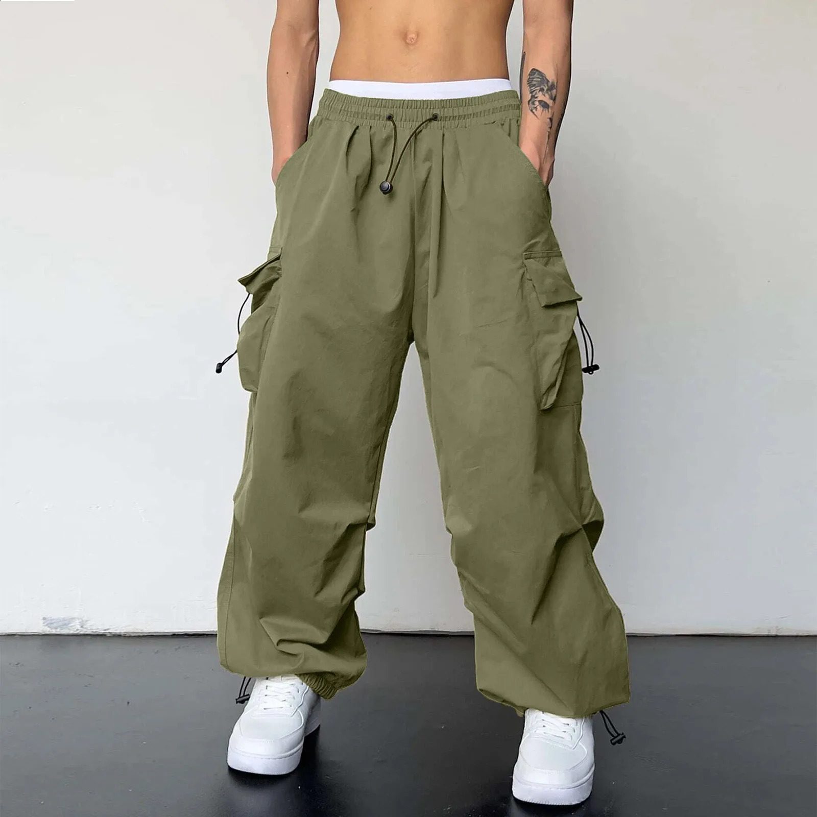 Streetwear cargo pants mens oversized wide leg Trouser hiphop elastic waist solid with multiple pockets loose pocket 240812