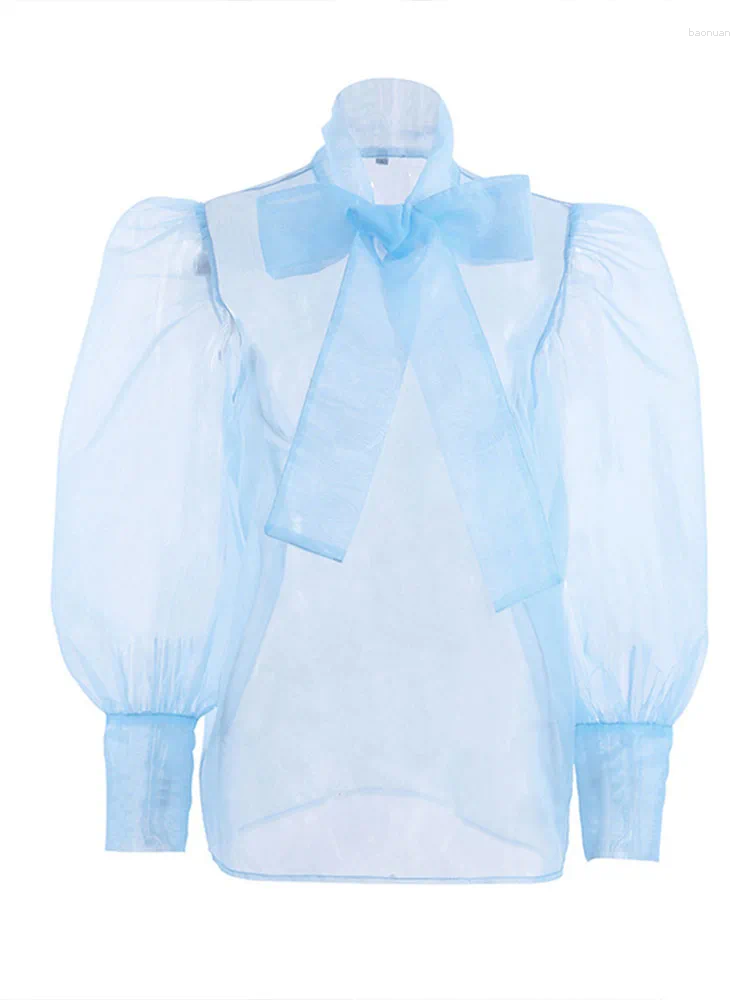 Women's Blouses See Through Blouse Women Sexy Fashion Lace Up Shirts Female Elegant Transparent Bow Tops Ladies Chic Sleeve Party