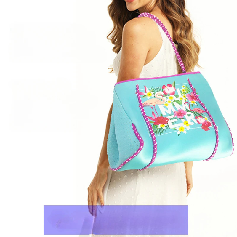 Diving Cloth Beach Bags Printed Flamingo Handbag Outdoor Picnic Womens Large Capacity Shoulder Tote Bag Neoprene 240723
