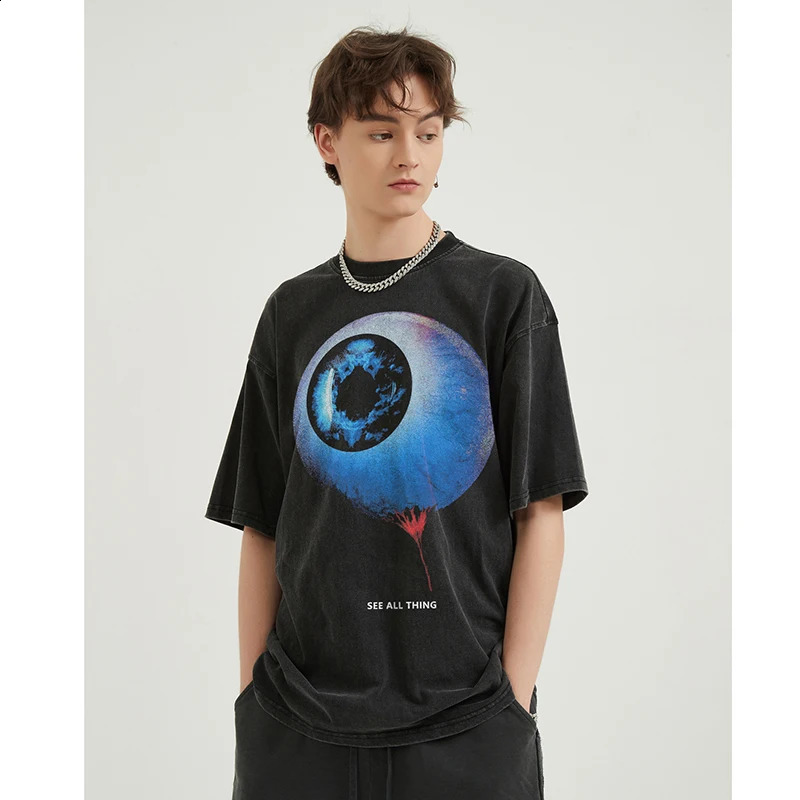 Hip Hop 2024 Retro Washed Black T-Shirt Streetwear Big Eyeball Graphic T Shirt Cotton Unisex Tshirt Men Tops Tees Y2K 240724