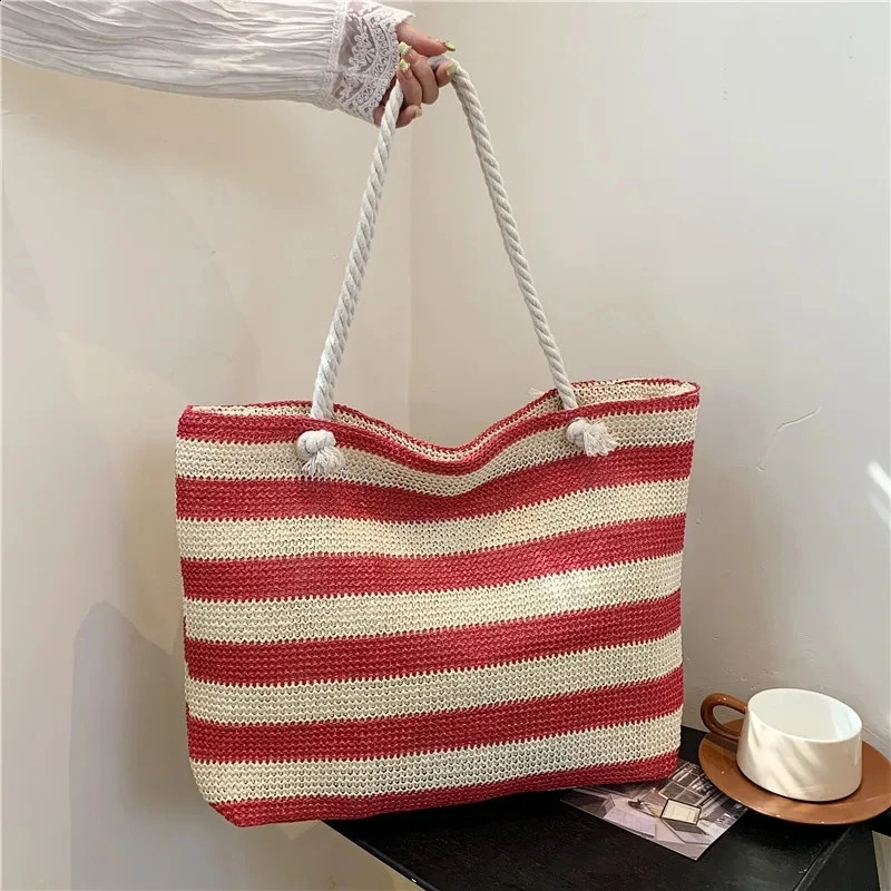 Ladies Summer Daily Bag Straw Shoulder Trendy Color Contrast Beach Handbag Women Large Capacity Simple 240723
