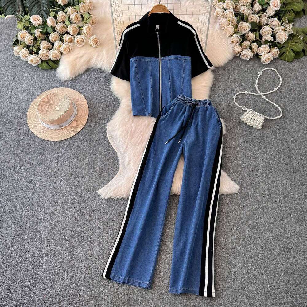 Leisure Denim for Women in Summer 2024, New Internet Celebrity, Age Reduction, Street Explosion, Fashionable and Stylish Sports Two-piece Set Silk Dre