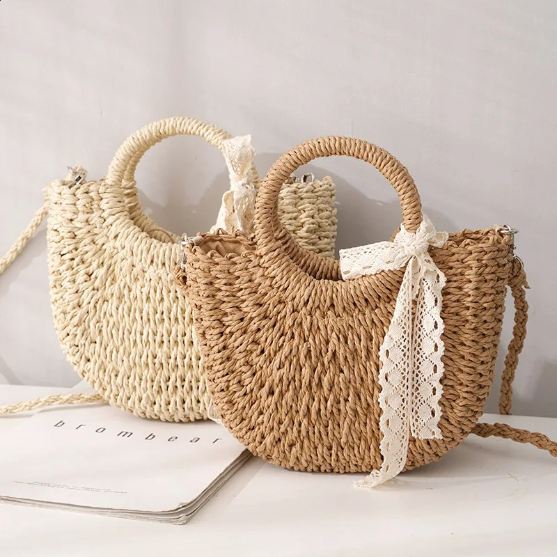 Straw Bag Women HandWoven Handbag Moon Shape Lace Bow Rattan Big Capacity Drawstring Casual Beach Shoulder Crossbody 240723