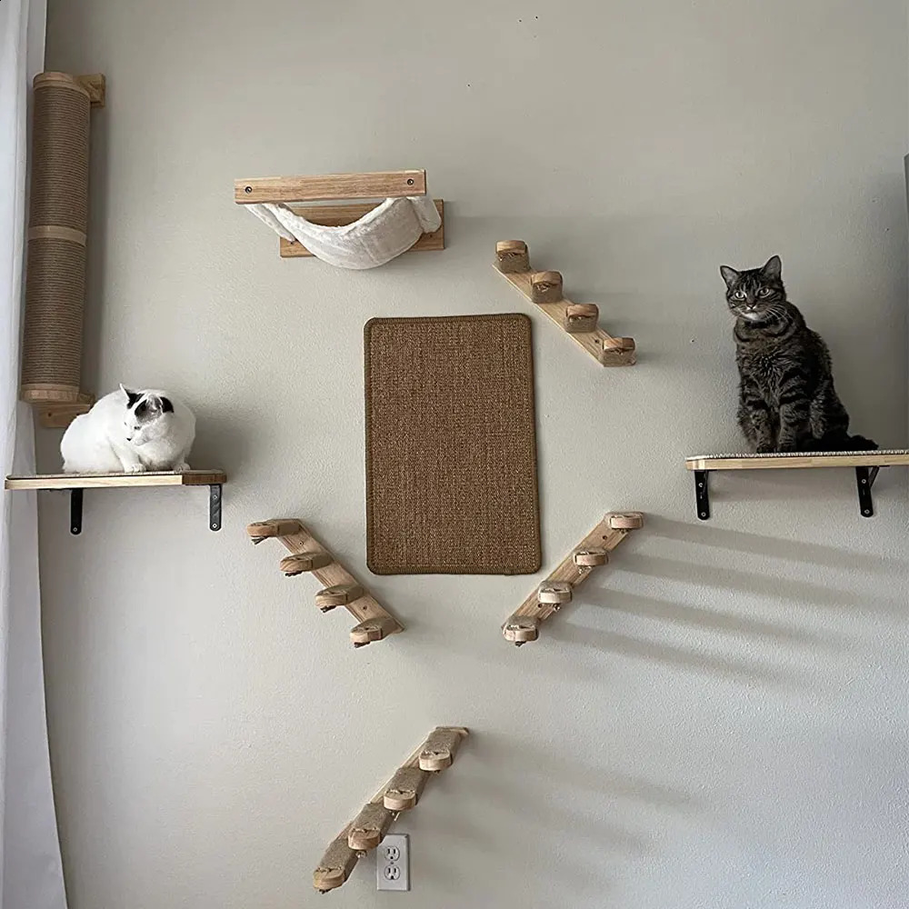 Tree Wall Mounted Climbing Wooden Shees Posts Ladders with Hammock and House Cat Bridge for Kittens Perch Sleeping 240723