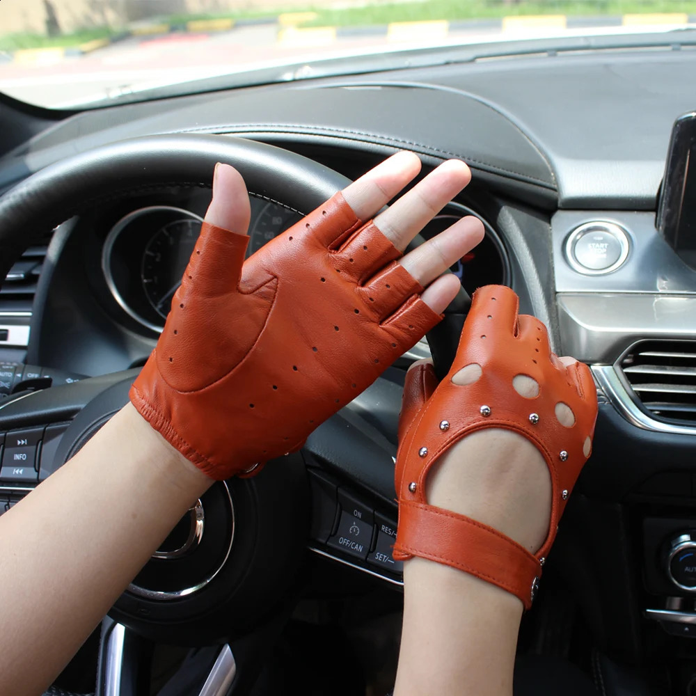 Half Finger Women Leather Gloves Spring And Summer Thin Goatskin Mittens Hollow Short Sports Riding Driver Colour Gloves 240713