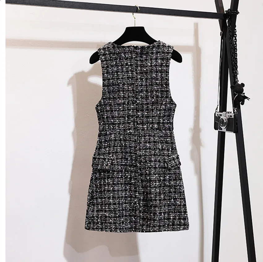 S-XXL Autumn Winter 2 Piece Set Dress Fashion Women Chiffon Ruffles Bow Shirt Double-breasted Plaid Tweed Dress Set 240724