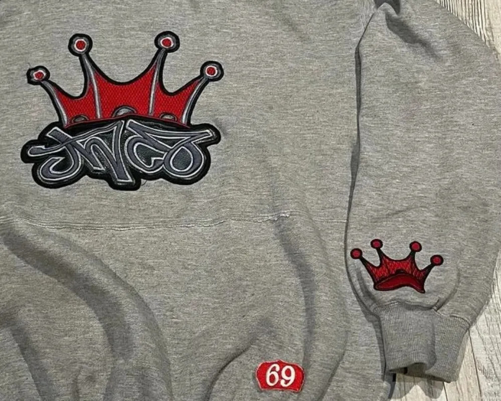 American Hip Hop Vintage JNCO Pattern Embroidered Hoodie Men Y2K Street Punk Rock Fashion Joker Sweatshirt Unisex Tops 240717