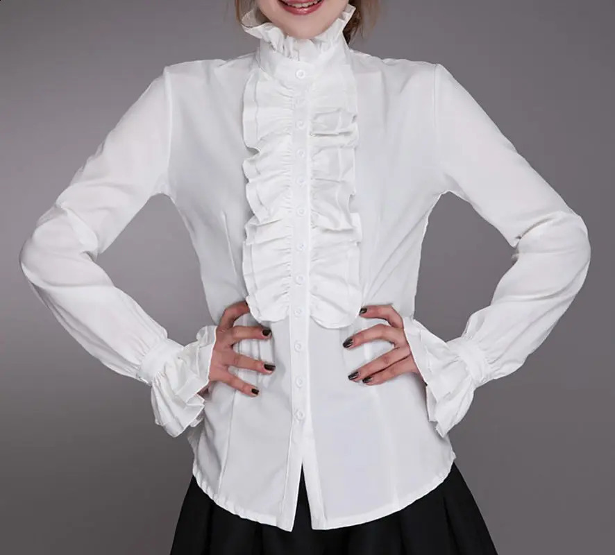Fashion Victorian Blouses Women OL Office Ladies White Shirt High Neck Frill Ruffle Cuffs Shirts Female Blouse 240723