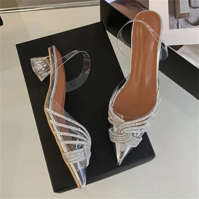Eilyken Elegant PVC Transparent Crystal Low Heels Pointed Toe Women Pumps Street Style Slingbacks Banquet Party Shoes 240708