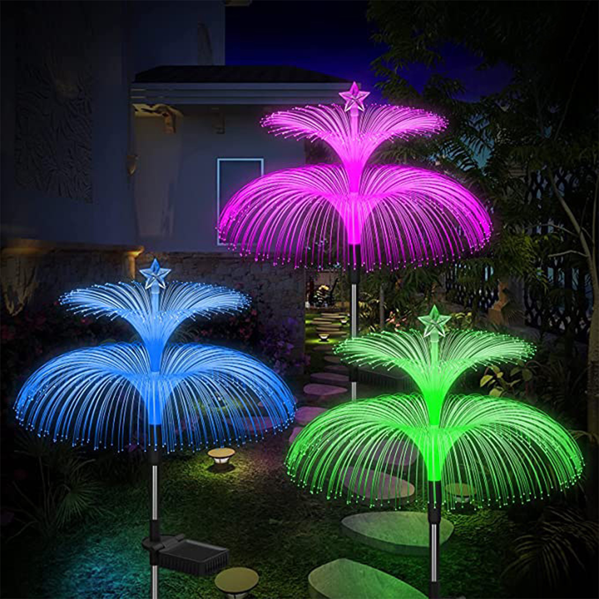 Solar double-layer jellyfish fiber optic holiday courtyard decoration landscape light pentagram rainbow transparent tube ground plug light