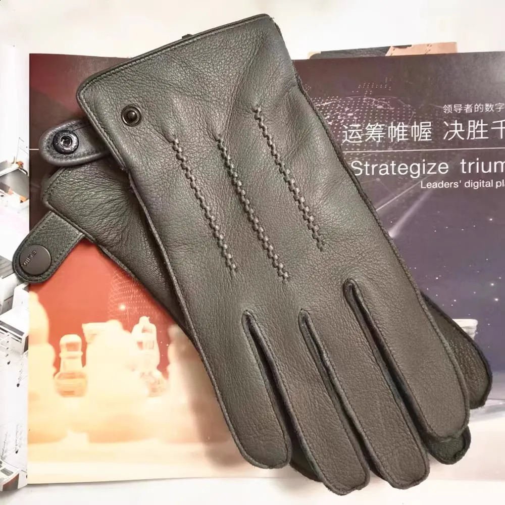 Real Leather Gloves Male Imported Deerskin Wool Knitted Lined Spring Autumn Thermal Driving Car Men Gloves EM012 240713