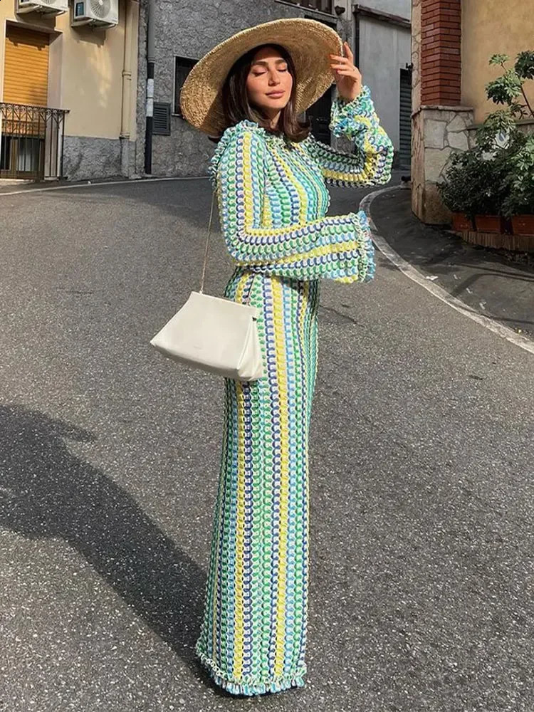 Spring Summer Elegant Long Dresses for Women Casual Loose Sexy Contrast Color Knitting Maxi Dress Backless Traf Official Store 240724