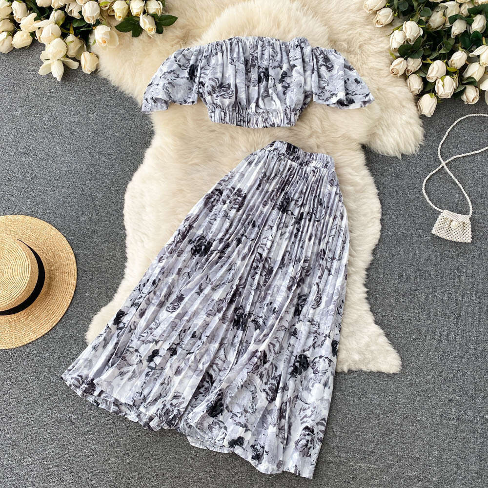 Vacation Style Set, Womens Design Sense, One Shoulder Short Sleeved Strapless Top, Pleated Skirt, Two-piece Set Sexy Lace Dress Pregnant Womens Dress