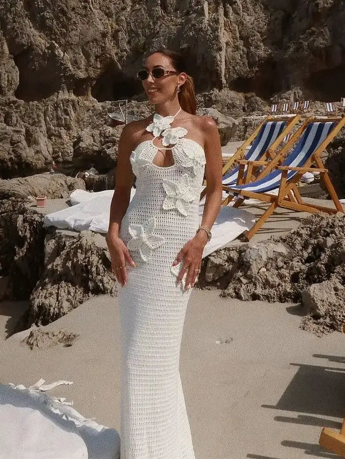 Women Slim Crochet Hook Halter Dress Elegant Solid Off Shoulder Backless Maxi Knitted Dresses Summer Female Beach Robes 240723