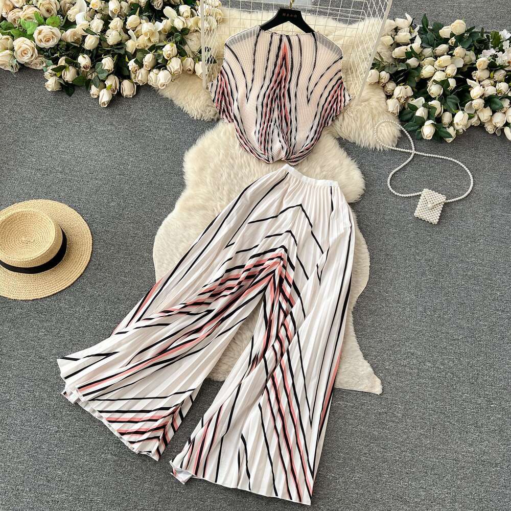 Light Luxury Cut Womens High-end Printed Fashion Set Summer Sleeveless Top+high Waisted Draped Micro Flared Pants Loose Waist SKINNY DRESS Oversize Dr